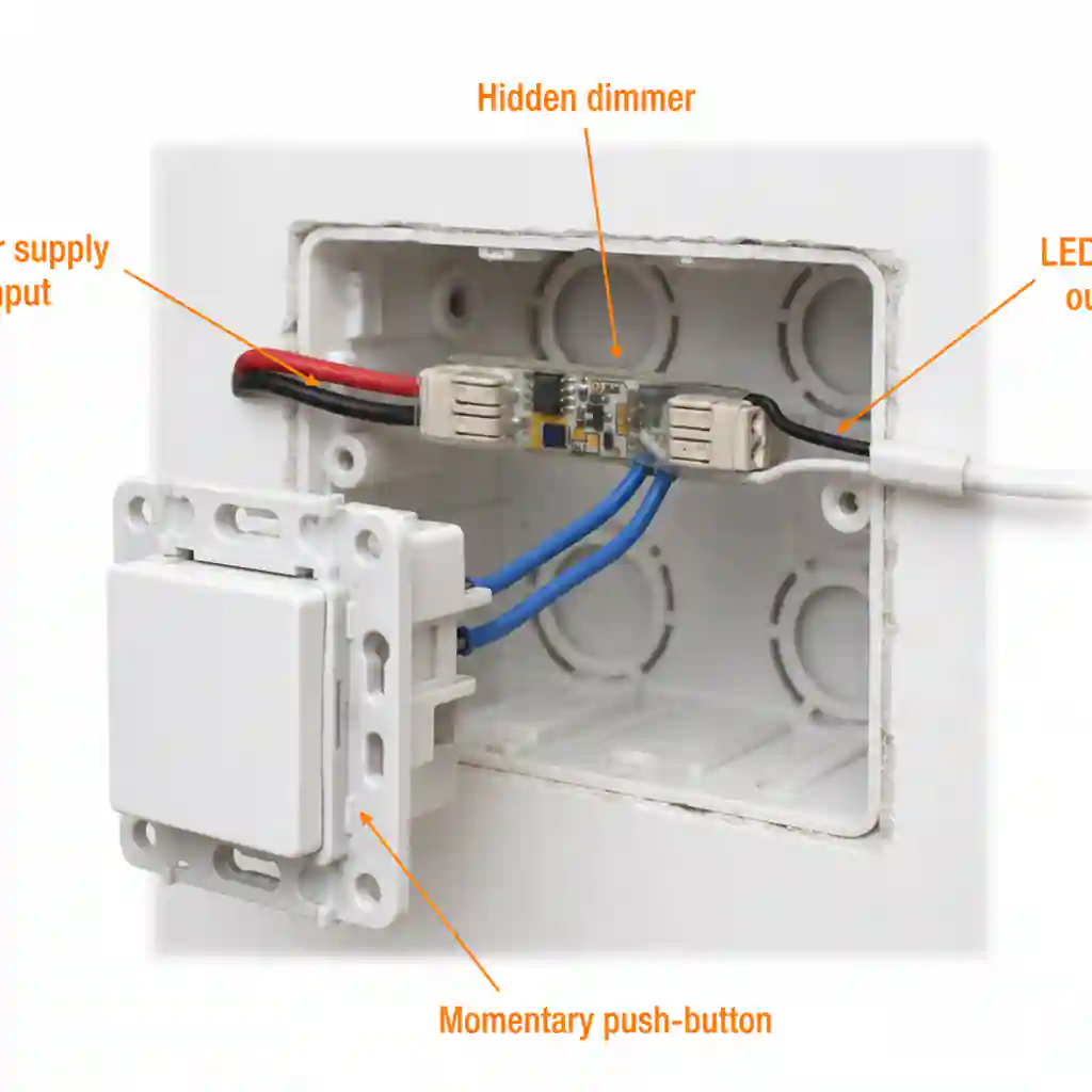 Zapojení LED stmívače s tlačítkem uvnitř elektroinstalační krabice
